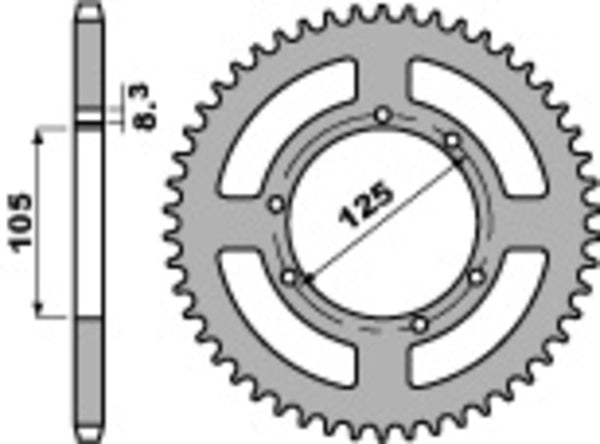PBR Standard Steel Rear Sprocket 4413 - 428 4413 48 F med 48 tänder, 125 mm bultcirkel och 105 mm ytterdiameter, reservdel för chassi.