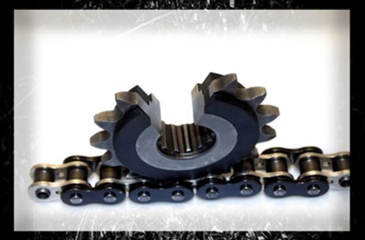 Framdrev PBR Steel 2178G 16 18 NC monterat på kedja, visar ljudlös konstruktion och robust stålkvalitet för chassidelar.