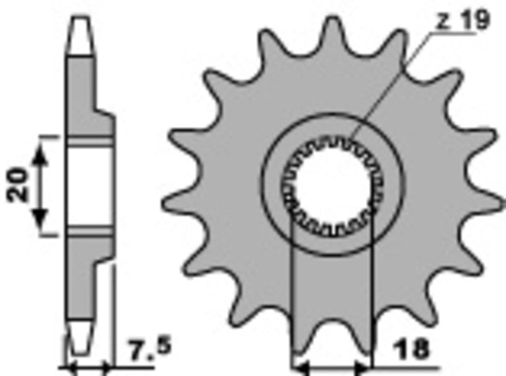 Teknisk ritning av PBR Steel Standard Front Sprocket 340 - 520 340 12 18NC med mått och kuggar, idealisk för chassidelar och reservdelar.