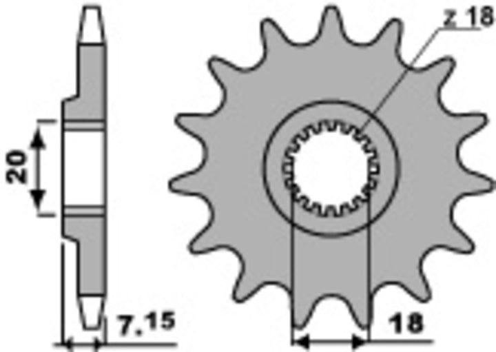 Teknisk ritning av PBR Steel Standard Front Sprocket 432 - 520 432 12 18NC med mått och kuggar, reservdel för chassidelar.