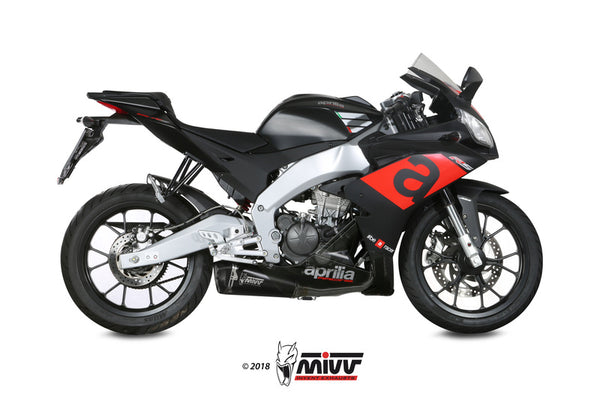 MIVV Delta Race Muffler Black Stainless Steel/Carbon End Cap A.011.LDRB monterad på sportig Aprilia-motorcykel, visad från sidan.