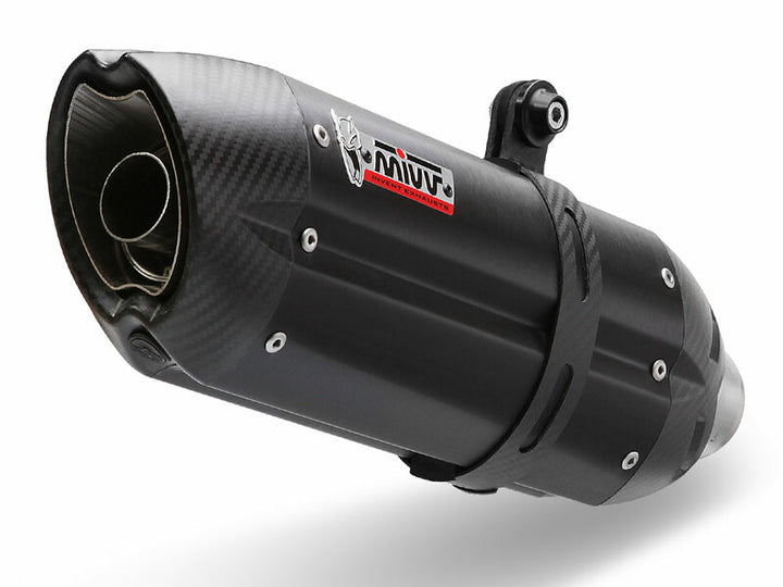 Närbild av MIVV Suono Muffler Steel Black/Carbon End Cap 00.73.H.067.L9. Premium avgassystem för Honda CB500X inom fordonsdelar.