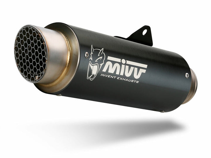 Närbild på MIVV GP Pro Silencer Steel Black med rostfri ändkåpa, idealisk för BMW G310GS. Premium avgassystem inom fordonsdelar.