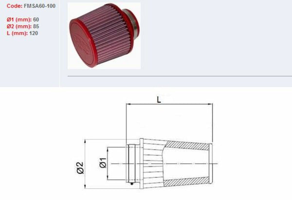 BMC Filtre à air effilé Ø60mm-fmsa60-100 FMSA60-100