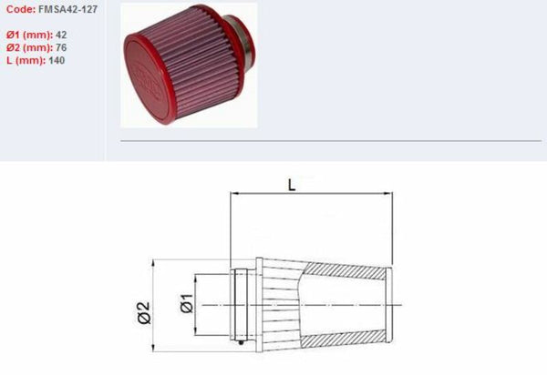 BMC Filtre à air effilé Ø42mm-fmsa42-127 FMSA42-127