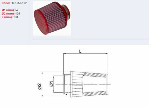 BMC Filtre à air effilé Ø52mm-SS52-102 FMS52-102