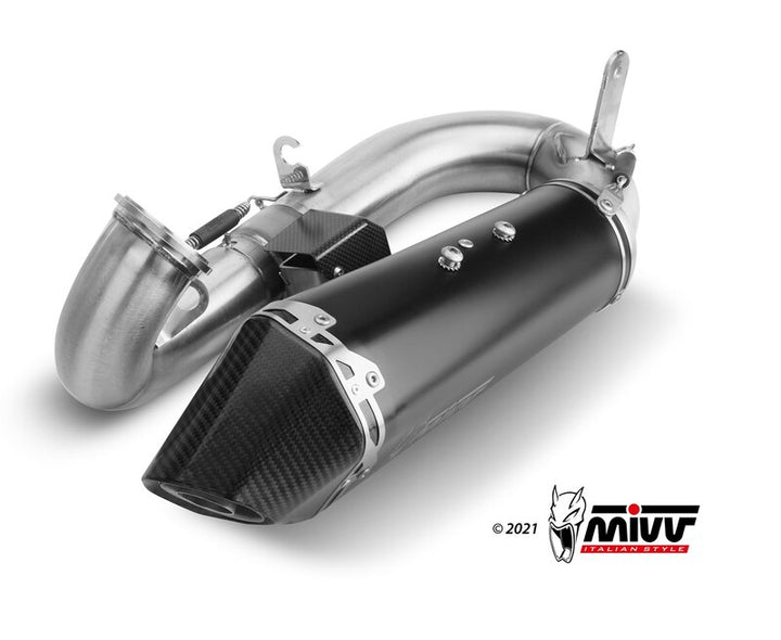 Närbild av MIVV Delta Race Slip-On Muffler Black Stainless Steel D.046.LDRB med rostfritt stål och kolfiberdetaljer för Ducati Panigale V2.