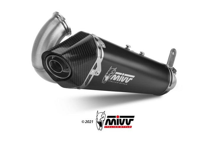 MIVV Delta Race Slip-On Muffler Black Stainless Steel D.046.LDRB med sportigt utblås och kolfiberände, reservdel för Ducati Panigale V2.