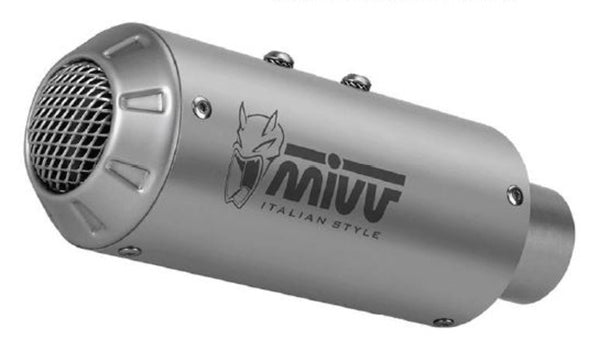MIVV MK3 Universal Muffler Stainless Steel - Right Side 00.73.KU.001.SM3X med borstad finish och MIVV-logotyp, perfekt för motorcykeltillbehör.