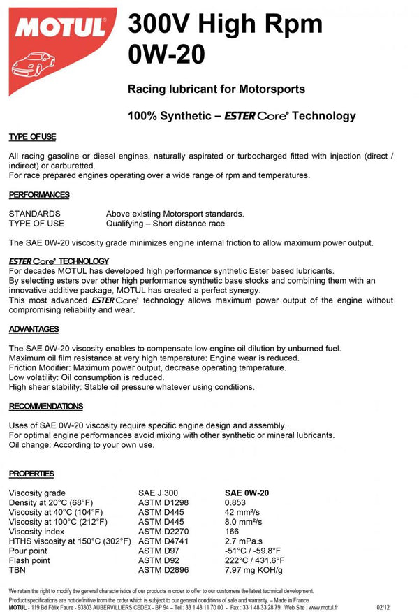 MOTUL 300V RPM HIGH 0W20 2L (10 PCS / Cardboard)