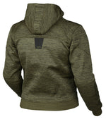 Baksidan av Sweep Dam Kevlar Mc-Hoodie Olive med huva och diskret logotypdetalj. Designad för säkerhet och stil vid motorcykelkörning.