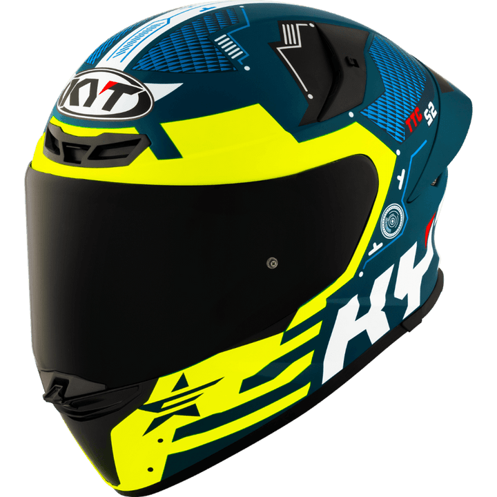 KYT integral mc-hjälm TT-Revo med aerodynamisk design i blått och gult, visir och ventilationssystem. Köp nu med särskilt erbjudande.