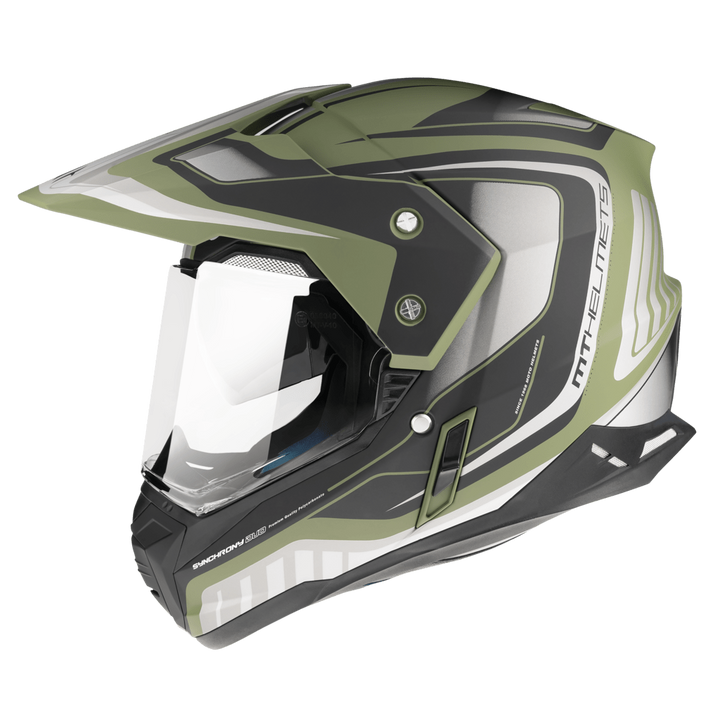 MT Helmets Adventure Mc-Hjälm Synchrony Military Green med visir och robust design, perfekt för motorcykeläventyr. Finns i flera storlekar från XS till XXL.