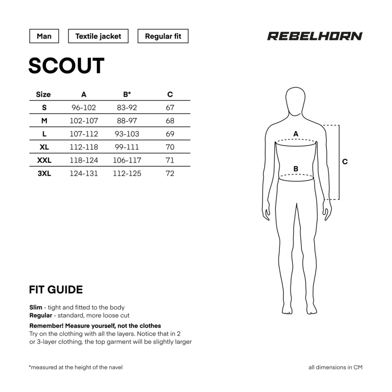 Storleksguide för Rebelhorn Textil Mc-Jacka Scout Svart med mått för S-XXXL. Inkluderar passformstips och mätinstruktioner.