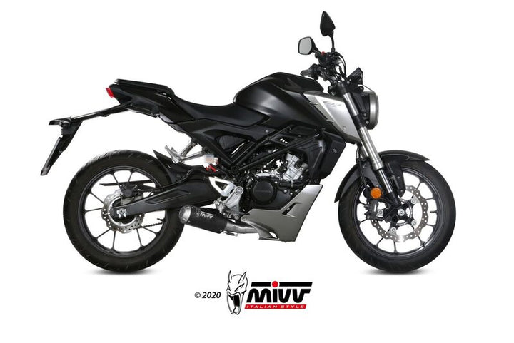 MIVV MK3 Full Exhaust System - Black H.076.SM3B installerat på motorcykel, visad från sidan. Högpresterande avgassystem för MC-tillbehör.