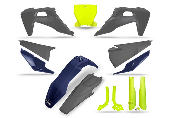 Kit plastics d'ufo jaune néon / bleu / gris - Husqvarna hukit624 @ 222