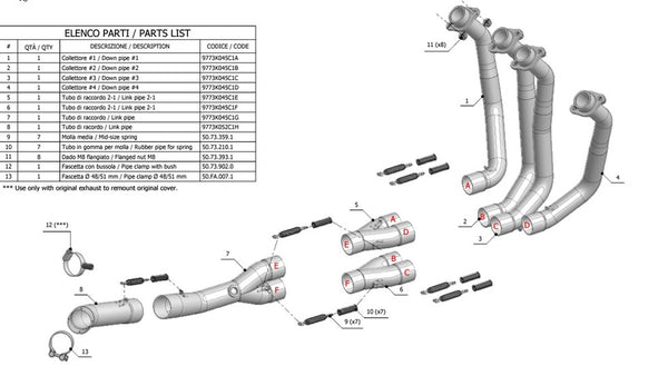 Exploderad vy av MIVV Sparepart 9773K052C1H avgassystem med numrerade reservdelar och artikelkoder för fordonstillbehör.