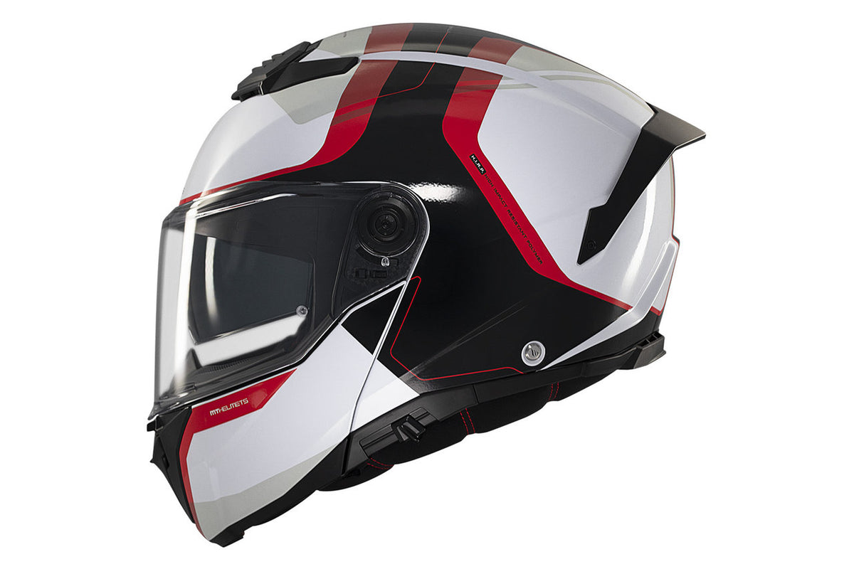 MT Helmets öppningsbar mc-hjälm Atom 2 SV Emalla B0 i vit, svart och röd design med integrerat visir och modern ventilation.