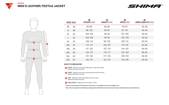 Storleksguide för Shima Kevlar Mc-Hoodie Daybreaker Grå, med mått för bröst, midja, höfter och ärmlängd. Passar storlekar XS till 6XL.