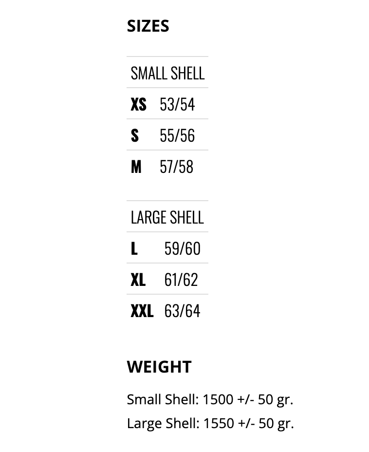 Storlekstabell för Caberg Integral Mc-Hjälm Avalon X Vit, med detaljer om skalstorlekar och vikt för små och stora skal. Passar XS till XXL.