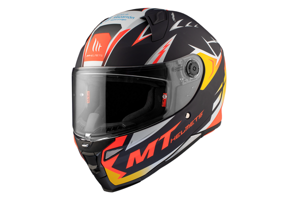 MT Helmets Integral Mc-Hjälm Revenge 2 Acosta A37 med aerodynamisk design, svart bas med röda, gula och vita grafiska detaljer. Utrustad med visir och ventilationssystem.