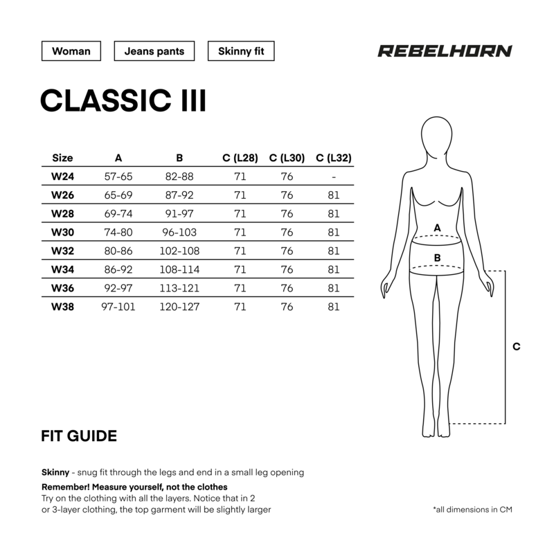 Storleksguide för Rebelhorn Dam Kevlar Mc-Jeans Classic III Grå, med mått och passform för att hjälpa till att välja rätt storlek.