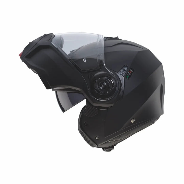 Caberg Droid svart mc-hjälm i öppet läge med uppfällbart hakskydd och visir. Praktisk och säker för både korta och långa turer.