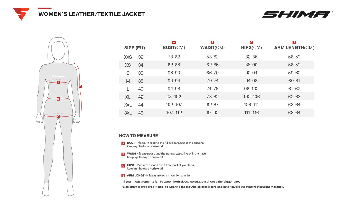 Storleksguide för Shima Dam Textil Mc-Jacka Drift Rosa, med mått för byst, midja, höfter och ärmlängd i centimeter.