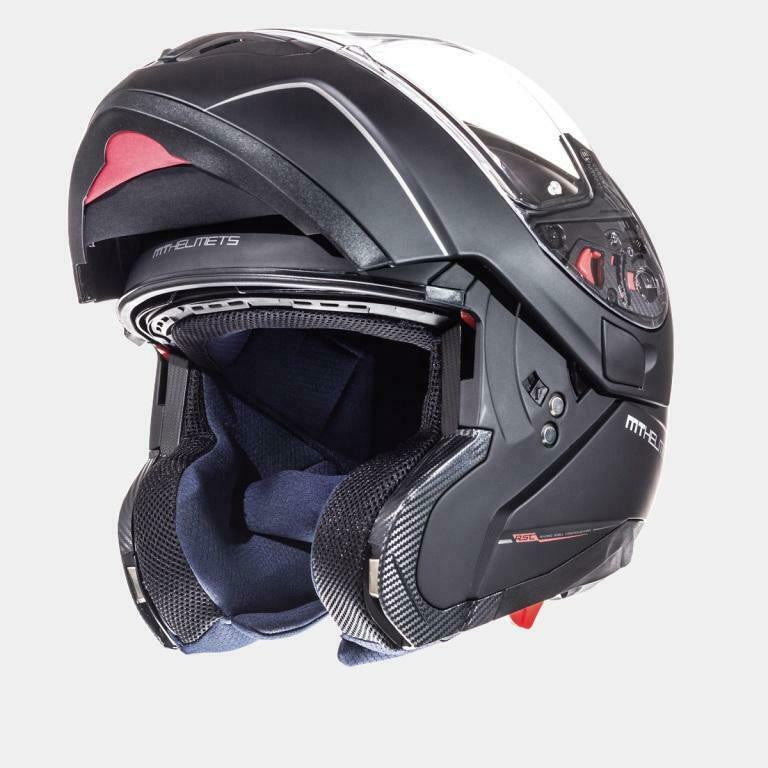 MT Helmets öppningsbar mc-hjälm Atom matt svart med uppfällt visir och interiör i högkvalitativt vadderat material. Praktisk och säker.