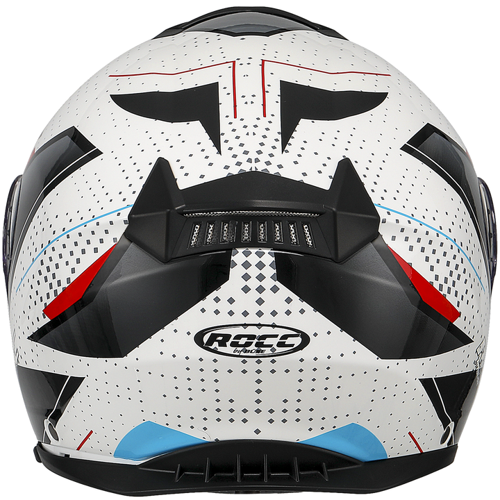 Baksidan av Rocc 810 öppningsbar mc-hjälm vit/svart med ventilationssystem och stilrena grafiska detaljer.