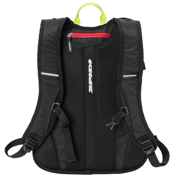 Baksidan av Spidi Ryggsäck Tour Pack Flu med vadderade axelremmar, reflexdetaljer och ventilerande meshpaneler.