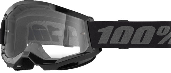 100% Goggles Strata 2 Black med klar lins, designade för motocross och motorcykelkörning. Ergonomisk passform och justerbart band för optimal säkerhet.