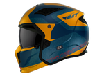 Sidovy av MT Helmets öppen MC-hjälm Streetfighter SV S Totem C3 i blått och gult, med ventilationssystem och sportig grafik.