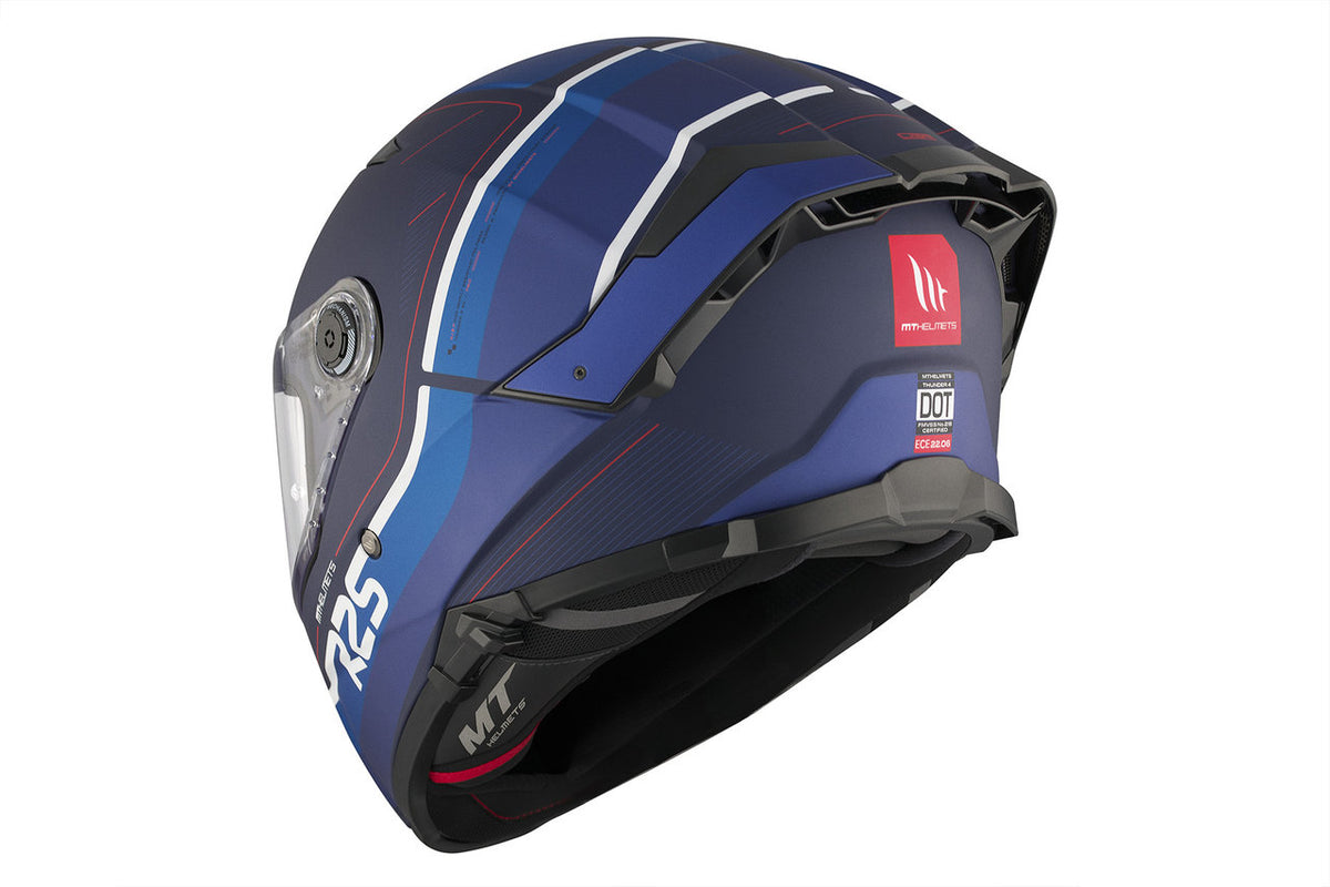 Sidan av MT Helmets Integral Mc-Hjälm Thunder 4 SV R25 Röd med visir och aerodynamiska linjer i röd-blå färgkombination.