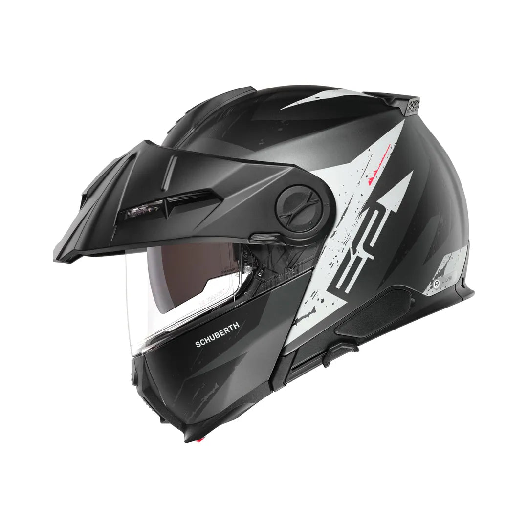 Schuberth E2 Explorer grå mc-hjälm med modern grafik och robust konstruktion för säkerhet och komfort under körning.