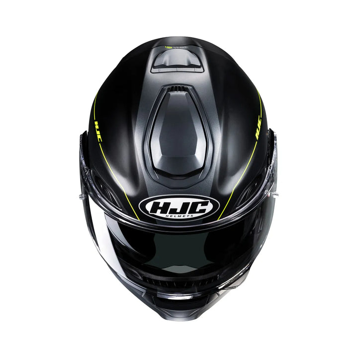 Toppen av HJC Öppningsbar Mc-Hjälm RPHA 91 Combust Svart /Flu med ventilationssystem och HJC-logotyp för optimal komfort.