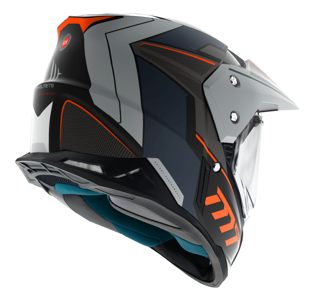 Baksidan av MT Helmets Enduro Mc-Hjälm Synchrony Patrol Matt Orange med ventilationssystem och modern grafik i grått och orange.