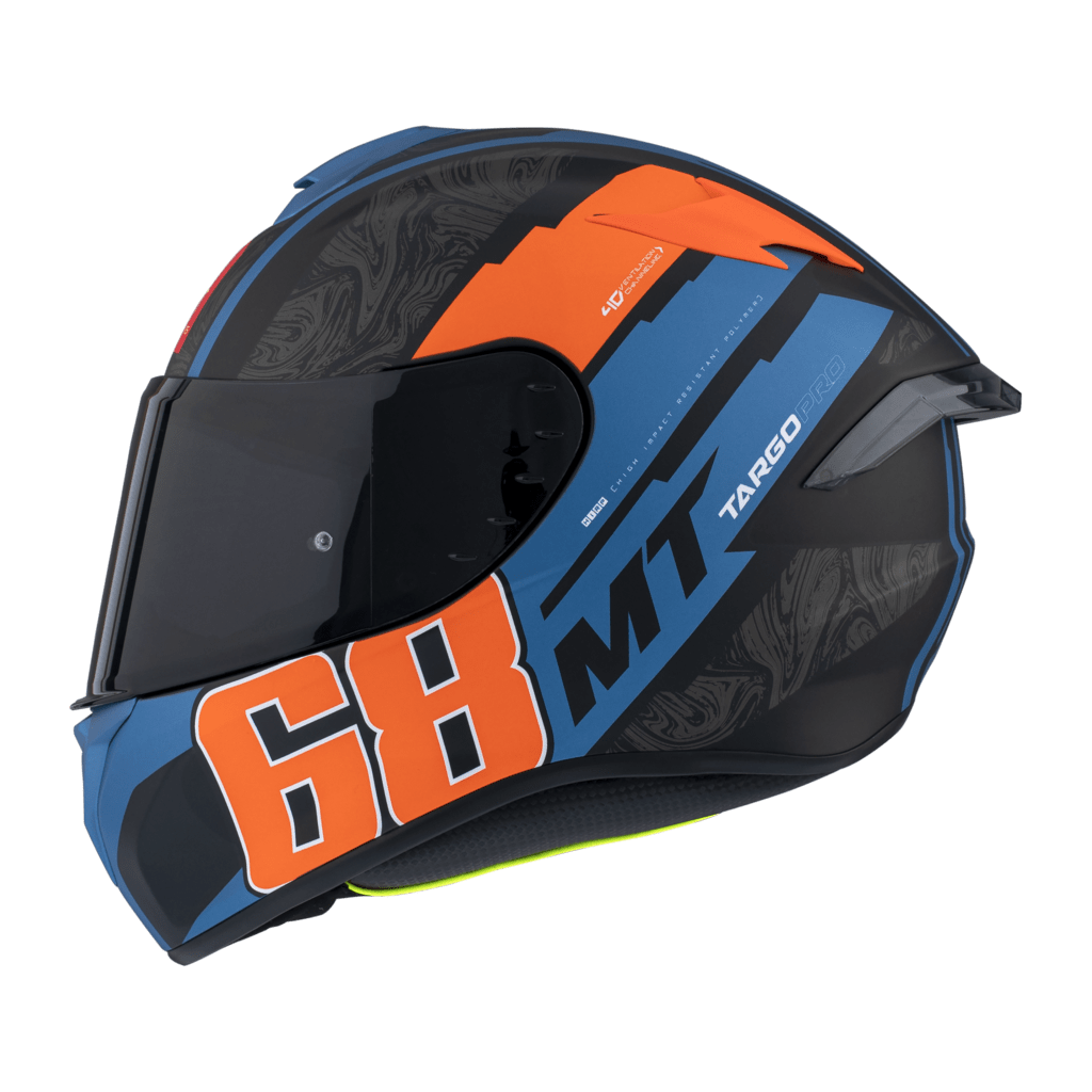 Sidovy av MT Helmets Integral Mc-Hjälm Targo Pro Welcome Orange med nummer 68 och MT-logotyp i sportig design.