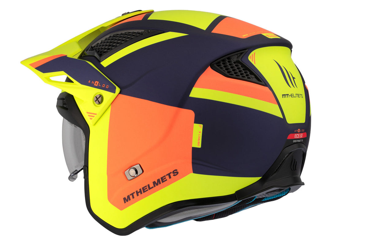 Bakre sidovy av MT Helmets öppen hjälm District SV med Bluetooth-kompatibilitet och modern design i neongul och orange. Perfekt för stadskörning.