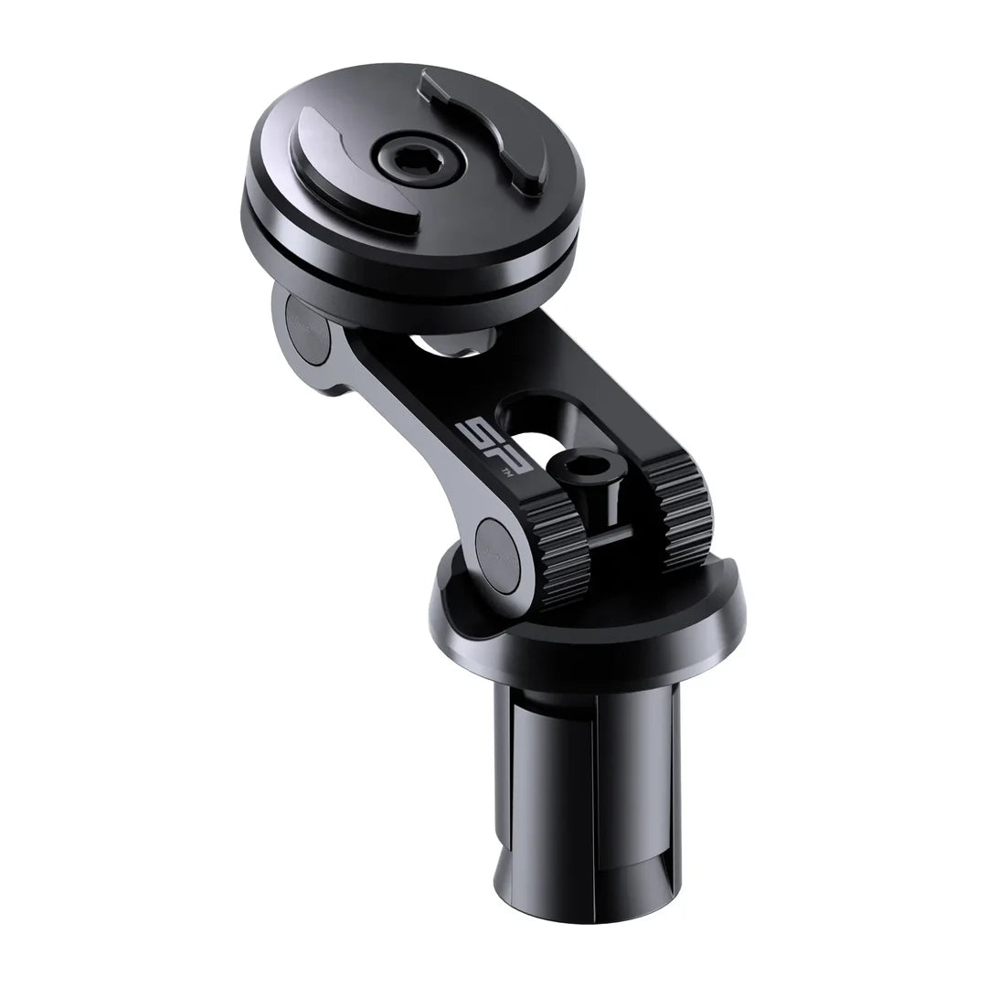 SP Connect Moto Stem Mount Pro i svart aluminium, en robust och justerbar mobilhållare för motorcyklar. Perfekt för säker navigering.