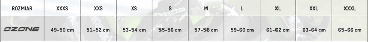 Storlekstabell för Ozone Integral Mc-Hjälm Arrow med mått från XXS till XXXL. Hjälmstorlekar för olika huvudomfång.
