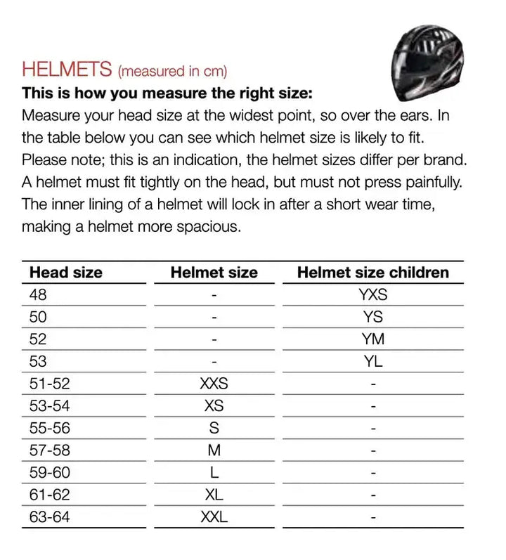 Storlekstabell för Bayard Öppen Mc-Hjälm XP-88 med huvudmått i cm. Hjälmstorlekar från XS till XXL för vuxna och barn.