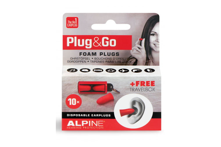 Förpackning av Alpine Öronproppar Plug & Go med 10 engångsproppar och gratis resefodral. Idealisk för personlig hörselvård.