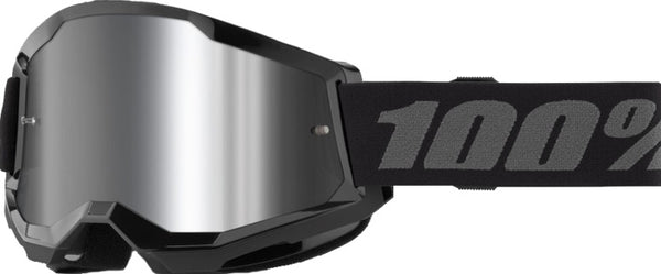 100% Goggles Strata 2 Black med spegelglas, designade för motocross och motorcykelkörning. Ergonomisk passform och justerbart band för optimal komfort.