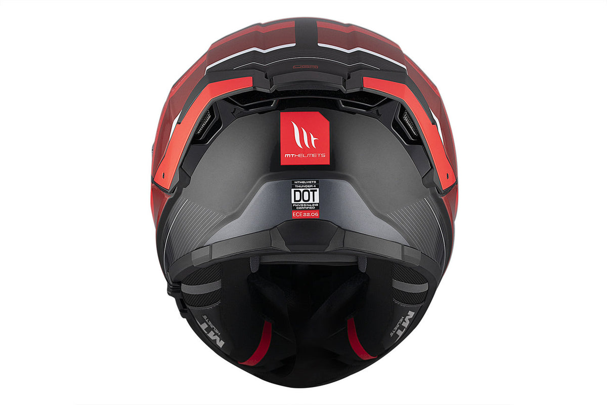 Baksidan av MT Helmets Integral Mc-Hjälm Thunder 4 SV R25 Röd med MT Helmets-logotyp och DOT-certifiering för säkerhet.