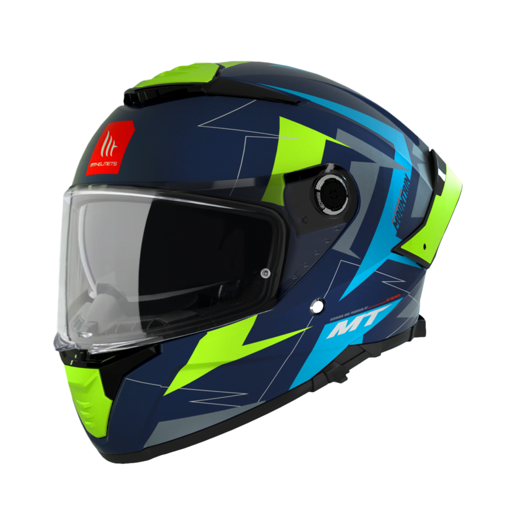 MT Helmets Integral Mc-Hjälm Thunder 4 SV Mountain Matt Blå med modern design i blått, grönt och svart, visir och ventilationssystem.