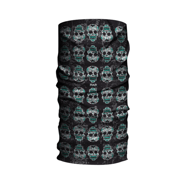BÜSE Halskrage Tuch Mexican med svart bakgrund och mönster av mexikanska dödskallar i grönt och vitt. Perfekt som stilfull halskrage för motorcyklister.