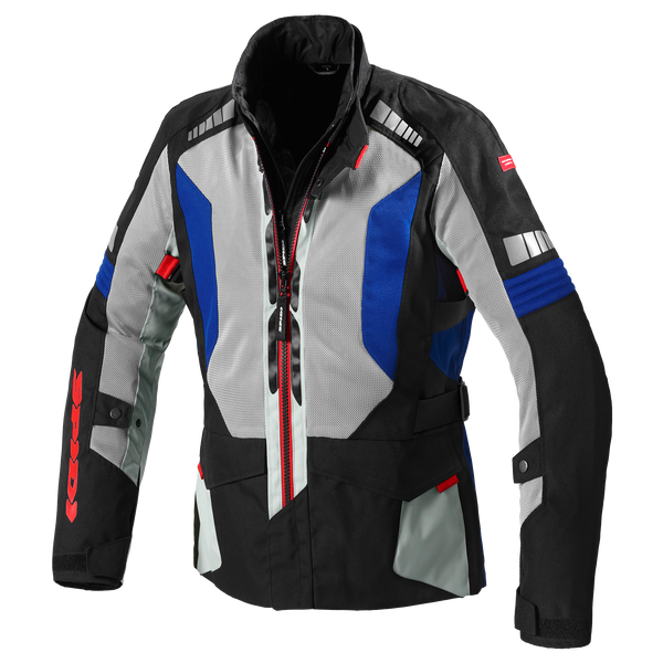 Spidi Textil Mc-Jacka Terranet WindOut i grå och blå färg med svart och röd accent, framifrån. Funktionell design för motorcyklister.
