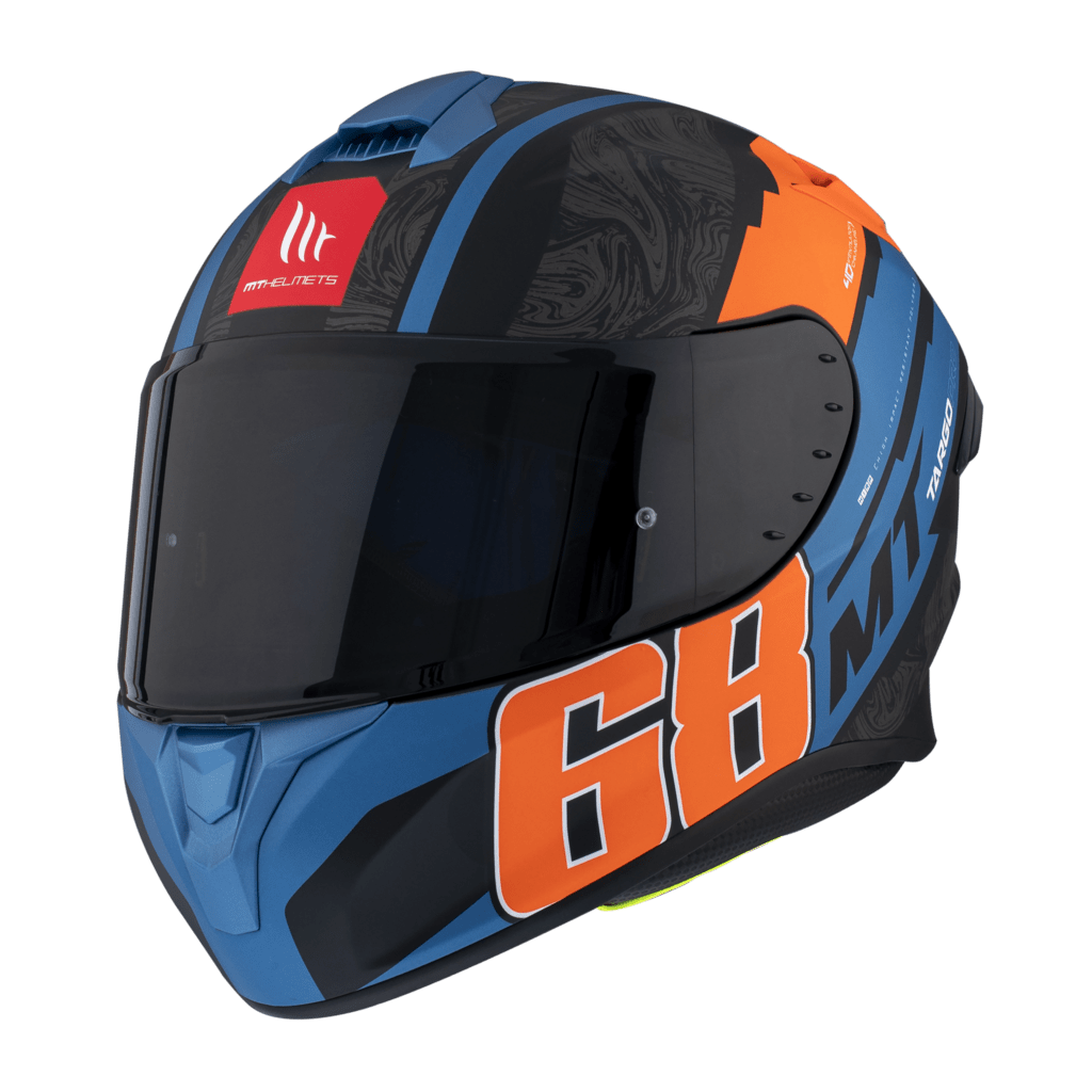 MT Helmets Integral Mc-Hjälm Targo Pro Welcome Orange med modern design i blått, orange och svart, visir och aerodynamisk form.