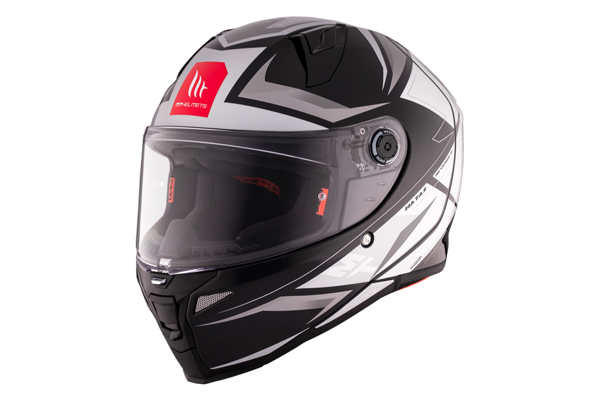 MT Helmets Integral Mc-Hjälm Revenge 2 Hatax B2 med modern svart och vit design, visir och ventilationssystem, storlek L till XXL.